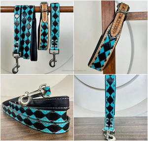 Popular hecho a mano diseñador personalizado Premium lujo mano Tooled negro y turquesa a cuadros collar de perro Correa juegos a juego de 3 piezas - Product Image 3