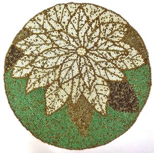 Irregular Beaded Bohemian Table <b>Mat</b> with White Poinsettia Design on Green Background Durable Handmade Fabric Decorative Placemat - Product Image 5