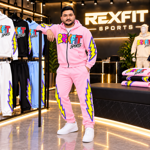 Ensemble de survêtement rose personnalisé pour homme Rexfit, sweat à capuche zippé, jogging, vêtements de sport, vêtements de gym, streetwear, vêtements de sport actifs, fabricant OEM ODM - Product Image 1