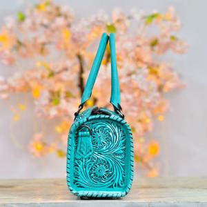 Bolso de Mano de Cuero de Lujo con Diseño Floral en Relieve, Color Turquesa, Motivo de Cereza y Tarjeta - Product Image 3