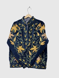 Chaqueta de Terciopelo con Bordado Floral, Cuello Mandarín, Manga Larga, Talla Grande, Ropa de Otoño para Mujer - Product Image 4