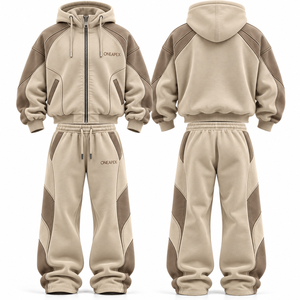 Ensemble de survêtement personnalisé pour homme beige et marron, veste à capuche zippée, pantalon de jogging, color block, streetwear premium, vente en gros OEM, vêtements de sport - Product Image 6