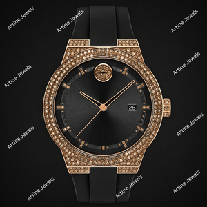 Rose Gold Diamond <b>Watch</b> <b>Black</b> Rubber Strap Luxury Quartz Wristwatch Iced Out Designer Style Premium Timepiece Collection - Product Image 2