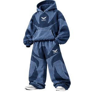 Conjunto de Sudadera Holgada con Detalles de Paneles Azul Marino Lavado y Pantalones de Chándal de Pierna Ancha, Chándal a Juego Unisex Casual Estilo Urbano, Venta al por Mayor - Product Image 3
