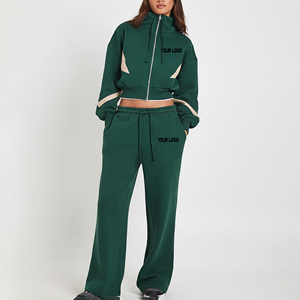 High Quality Comfortable Casual 100% Cotton Fleece Solid Embroidered Crop <b>Top</b> Hoodie Jogger Set Winter Hip Hop Tracksuit - Product Image 1