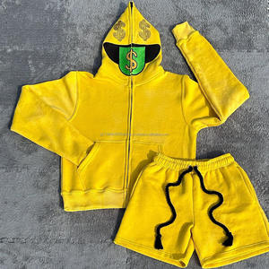 Custom Logo High Street Wear 100% Cotton Men's Full Face <b>Zipper</b> Hoodies and <b>Shorts</b> 2 Piece <b>Shorts</b> Set Casual Sweat Suit for Men - Product Image 1