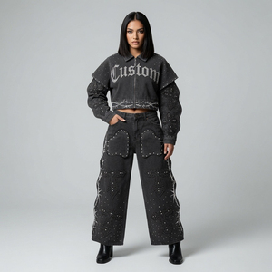 Ensemble veste et pantalon en jean noir avec croix en strass personnalisée, collection de vêtements streetwear tendance, design unisexe et confortable par SHY - Product Image 3