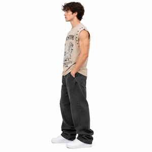 Men's Beige Graphic Print <b>Sleeveless</b> <b>T</b>-<b>Shirt</b> Custom Streetwear Muscle Tank Top with Studded Shoulder Details - Product Image 3
