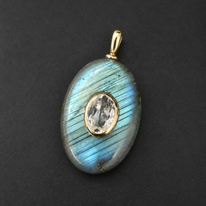 Pendentif ovale en labradorite éclatante avec incrustation de zircon, plaqué or 18 carats, breloques en pierre à prix de gros, 21 mm - Product Image 3