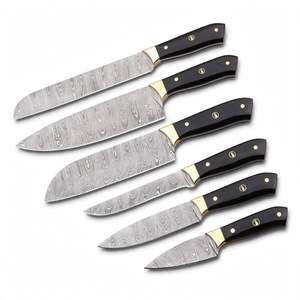 Juego de cuchillos de cocina de acero de Damasco de 6 piezas hechos a mano con mango de madera de ébano y bolster de latón - Product Image 4