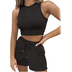 Conjunto de Dos Piezas Casual para Mujer, Nuevo Modelo 2024, Color Sólido, Poliéster/Algodón, Transpirable, Corte Regular, Top sin Mangas y Pantalones Cortos para Verano - Product Image 1