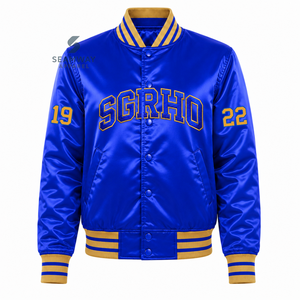 Chaqueta Universitaria Azul Satinado para Mujer Sigma Gamma Rho con Botones a Presión, Letras Griegas Bordadas, Cuello y Puños de Punto a Rayas, Ropa Universitaria - Product Image 1