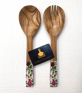 Juego de Servidores de Ensalada de Madera Natural Ecológica con Diseño de Granada, Utensilios de Cocina con Mango Largo - Product Image 6