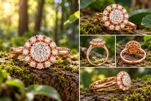 Anillo de Compromiso de Oro Rosa Sólido de 14k con Diamantes Naturales en Racimo, Diseño Floral con Halo, Certificado, Regalo de Aniversario de Bodas - Product Image 6