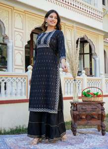 Rayon Geometrical Printed Black Women's Summer Ethnic Wear <b>Kurti</b> Customized Logo Quick Dry Recycled Materials Stylish - Product Image 5
