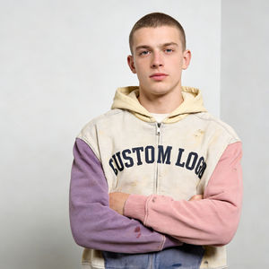 เสื้อฮู้ดดี้ผู้ชายไซส์ใหญ่ ทรงครอป แต่งสีบล็อก ซิปหน้า ลุคทำสีซีดแบบ Distressed กระเป๋าหน้าตัดกัน  โลโก้สั่งทำได้ สไตล์ลำลองแนวสตรีทแวร์ - Product Image 4