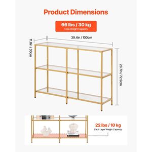 Mesa Consola Moderna de 3 Niveles con Patas de Hierro, Tapa Rectangular de Vidrio Templado, Mesa Auxiliar Dorada para Sofá y Escritorio - Product Image 3