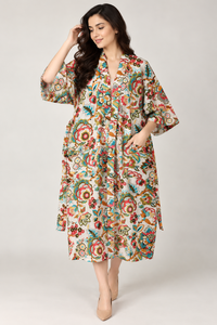 Bata Kimono Floral de Algodón Orgánico al por Mayor |   Bata de dormir con estampado artesanal y bolsillos |   Conjunto de Pijama de Manga Larga con Cuello en V - Product Image 1