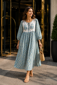 Robe de soirée pour femme, 100% coton, imprimée à la main de motifs floraux de Jaipur, longueur ras du sol, style bohème vintage, coupe évasée, écologique - Product Image 6