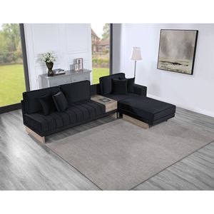 Divano Sezionale Reversibile Memphis 122.5"W in Velluto Nero con Contenitore Ottomana, Cassetto e Prese USB per Soggiorno - Product Image 1