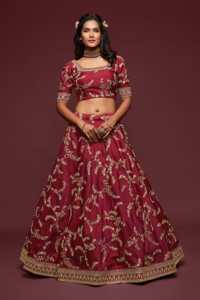 <b>Maroon</b> Organza Embroidered Lehenga Choli With Floral Gold Work Boat Neck Short Sleeve Floor Length A-Line Bridal <b>Dress</b> 7802 - Product Image 3