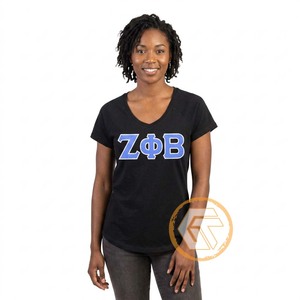 Vente en gros GREEK TREASURES T-shirts décontractés en jersey pour femmes, à col en V, manches courtes, motif uni, brodés Zeta Phi Beta, pour sororité - Product Image 4