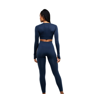 Ensemble de yoga 2 pièces bleu marine uni pour femme, haut court à col rond et manches longues, leggings taille haute sans couture, séchage rapide, logo personnalisé - Product Image 2