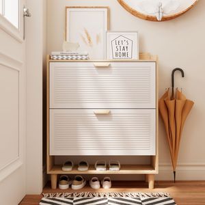 31.5 Inch Nordic Style Solid Wood Shoe <b>Storage</b> Cabinet <b>2</b> Flip <b>Drawers</b> Free-standing Organizer for Entryway Shoe Racks Stands - Product Image 5
