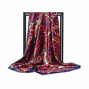Écharpe carrée en soie vintage de 90 cm à imprimé géométrique rouge foncé <span class=keywords><strong>et</strong></span> bleu marine pour femmes, couvre-chef rétro <span class=keywords><strong>et</strong></span> nœud pour <span class=keywords><strong>sac</strong></span> - Product Image 1