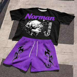 Ensemble deux pièces d'été pour homme avec logo personnalisé OEM |   T-shirt et short vintage délavés et usés |   Ensemble t-shirt et short streetwear oversize - Product Image 1