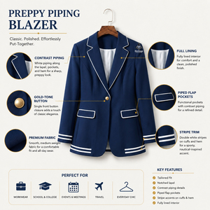 Blazer en polyester bleu style preppy à un bouton avec logo personnalisé Delta Sigma, pour femmes, inspiré des tenues grecques et des insignes maçonniques, avec bordure blanche - Product Image 5