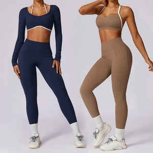 Ensemble de yoga trois pièces color block pour femme : soutien-gorge dos nu, haut à manches longues et leggings taille haute avec effet froncé – Tenue de sport et de gym - Product Image 1