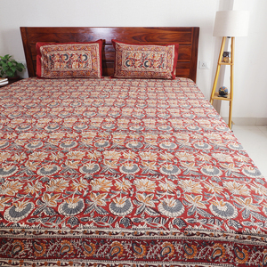 Madder Red Garden Floral Hand Block Print Cotton Bed <b>Sheet</b> Set with Matching Pillow Covers King Size 108 x 108 Inches Bedsheet - Product Image 4
