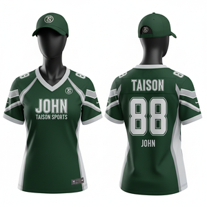 เสื้อฟุตบอลอเมริกันหญิงแบบสั่งทำพิเศษ ผ้าโพลีเอสเตอร์ระบายอากาศได้ดี 180 GSM พรีเมียม สีเขียวขาว ด้านข้างพิมพ์ลายแบบ Sublimation - Product Image 1