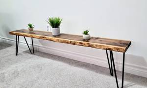 Banco de 8 pulgadas de profundidad con borde natural, asiento de madera maciza con patas de metal, banco rústico hecho a mano para entrada, mueble de madera con borde natural - Product Image 4