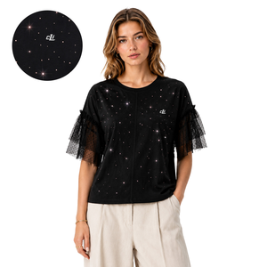 OEM Custom Logo Tulle <b>Patchwork</b> T-<b>Shirt</b> Wholesale women's <b>shirt</b> Chic Sparkling Rhinestone Top Ruffled Short Sleeve Sheer Layered - Product Image 1