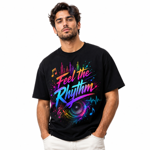 Camiseta Negra para Hombre con Estampado Musical Feel Rhythm, Manga Larga, Cuello Redondo, Corte Holgado, Informal, 100% Algodón Jersey Transpirable, Logotipo Frontal, 180g - Product Image 1