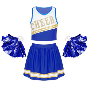 Conjunto de Uniforme de Porristas Azul y Blanco con Top con Estampado Brillante, Falda y Pompones - Product Image 1