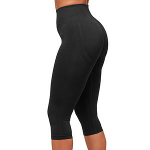 Leggings Capri taille haute pour femmes, noir uni, tricoté, extensible, en spandex et nylon, sportif, toutes saisons - Product Image 2