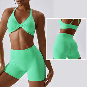 Ensemble 2 pièces de leggings taille haute pour femme, avec bretelles croisées et design torsadé, sans couture, couleur unie, pour le yoga - Product Image 4