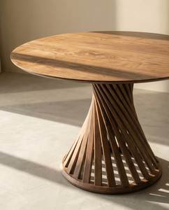Table à manger ronde en bois avec base conique cannelée et plateau ovale, table sur pieds contemporaine pour la maison et les restaurants - Product Image 4