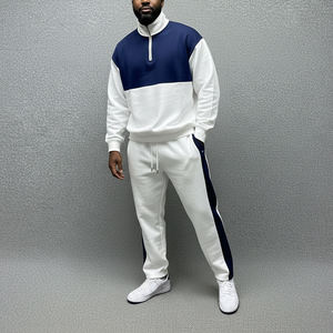 Wholesale Men's Color Blocking Tracksuit Full <b>Zip</b> <b>Sweatshirt</b> With Drawstring Pants Casual Autumn Wear White Navy Cotton - Product Image 6
