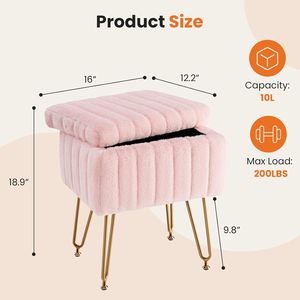 Sgabello da Toeletta con Contenitore, 45,5 cm (H) x 40,6 cm (L) x 31 cm (P), Pouf in Finta Pelliccia Morbido Imbottito, Poggiapiedi per Trucco, 4 Gambe in Metallo - Product Image 3