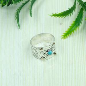 Anillo de Turquesa Arizona, Anillo de Plata de Ley 925 con Pequeñas Bolas de Latón, Diseño Martillado, Anillo de Declaración, Joyería de Turquesa - Product Image 5