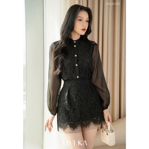 VIKA Women's <b>Black</b> Floral Lace 2-Piece Long Set Turn-down Collar Sheer Long Sleeve Short Mini <b>Skirt</b> Breathable Casual Elegant - Product Image 2