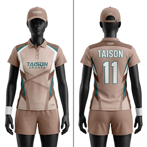 Women badminton uniform premium 150 GSM breathable polyester fabric beige gold grey angular panel design custom logo - Product Image 3