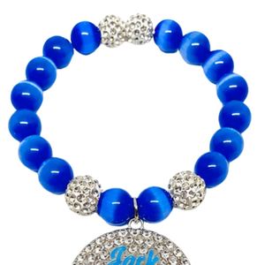 Bracelet extensible bleu roi perlé avec pendentif rond en cristal et accents en strass argentés, accessoire de mode pour femme - Product Image 6