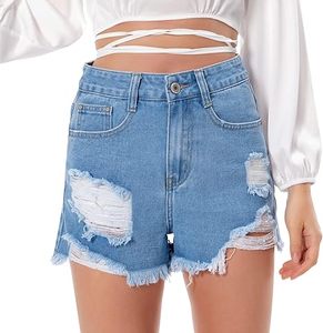 Shorts en jean déchirés taille haute pour femme, style décontracté avec ourlet effiloché et poches, en coton bleu clair - Product Image 1