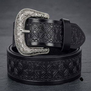 Classic Hand Carving Black Full Grain Western Leather <b>Tooling</b> <b>Belt</b> for Men and Women with Designer Brass Pin Buckle Set - Product Image 5