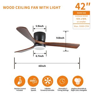 Ventilatore da soffitto LED moderno da 42 pollici con luci, in legno nero, 6 velocità, telecomando reversibile, profilo basso - Product Image 3